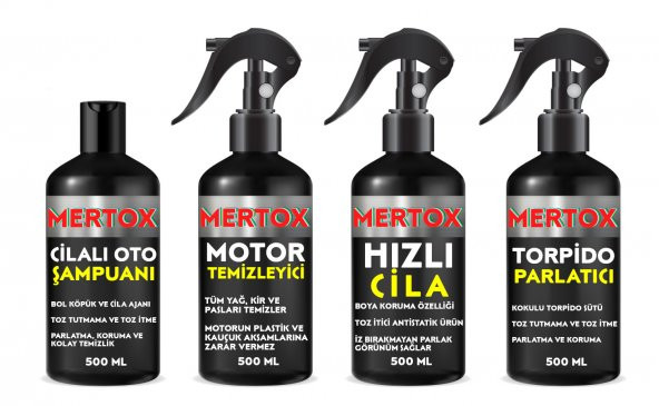 MERTOX ARAÇ ARABA OTOMOBİL OTO TEMİZLİK SETİ ÜRÜNLERİ OTO ŞAMPUANI+MOTOR TEMİZLEYİCİ+HIZLI CİLA+TORPİDO PARLATMA 4X500ML ürün görseli 1