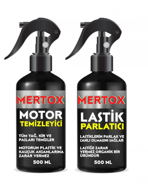 MERTOX ARAÇ ARABA OTOMOBİL OTO TEMİZLİK SETİ ÜRÜNLERİ - MOTOR TEMİZLEYİCİ SPREY + LASTİK PARLATICI 2X500ML MALZEMELERİ ürün görseli 1