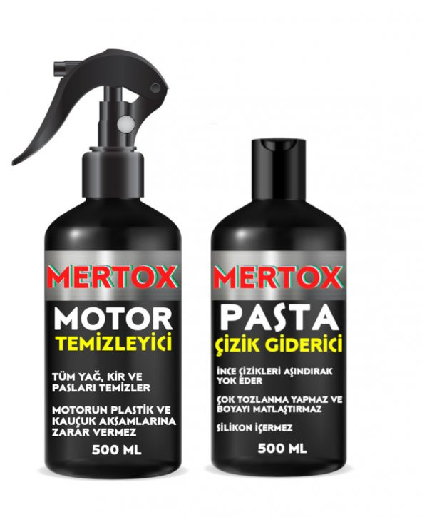 MERTOX ARAÇ ARABA OTOMOBİL OTO TEMİZLİK SETİ ÜRÜNLERİ - MOTOR TEMİZLEME + İNCE ÇİZİK GİDERİCİ PASTA 2X500ML MALZEMELERİ ürün görseli 1