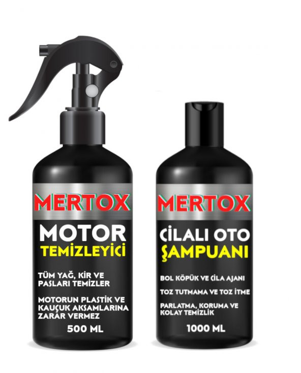 MERTOX ARAÇ ARABA OTOMOBİL OTO TEMİZLİK SETİ ÜRÜNLERİ - MOTOR TEMİZLEYİCİ + CİLALI OTO ŞAMPUANI 2X500ML  MALZEMELERİ ürün görseli 1