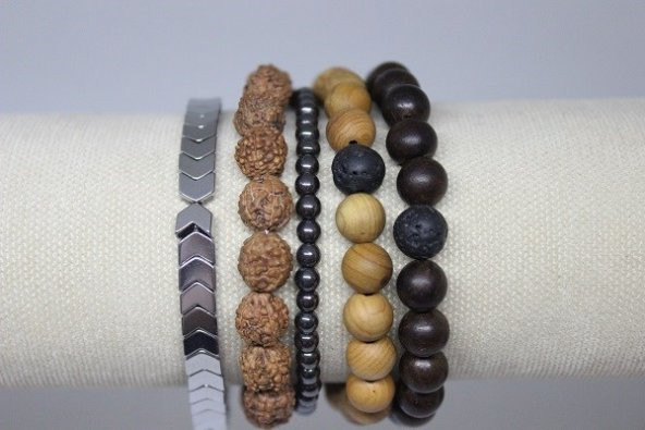 Hematit Doğal Taşlı & Ahşap Boncuklu Erkek Bileklik 5li  Set (Sınırlı sayıda üretim) ürün görseli 1
