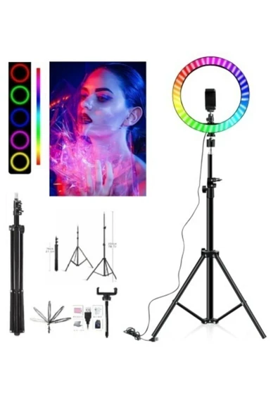 10 inç 26 cm RGB Çok Renkli LED Make Up Selfie Işığı ve 210 cm Tripot Selfie Çubuğu Tiktok Işığı ürün görseli 1