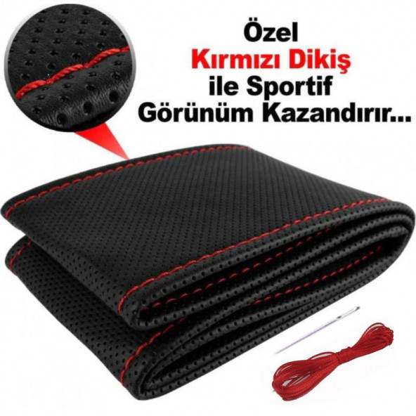 Oto Direksiyon Kılıfı Noktalı Kırmızı Dikişli ürün görseli 1