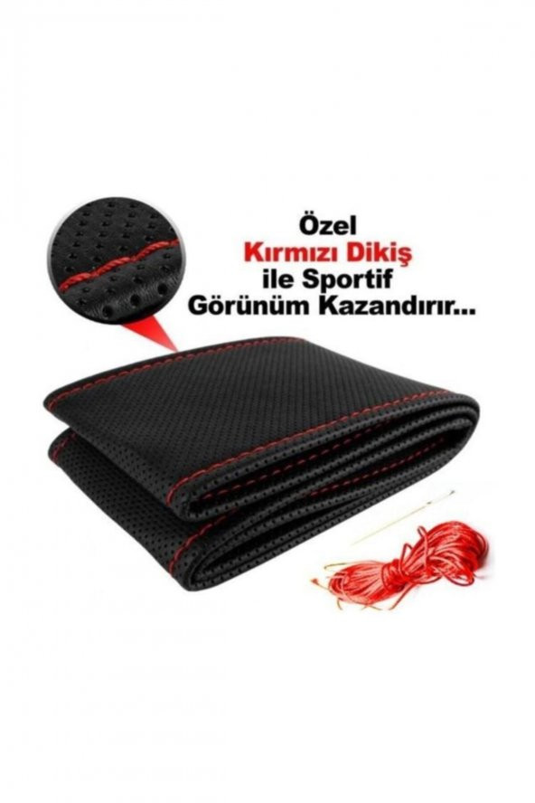 Deri Direksiyon Kılıfı Sarmalı Dikmeli Kırmızı Dikişli Kokusuz ürün görseli 1