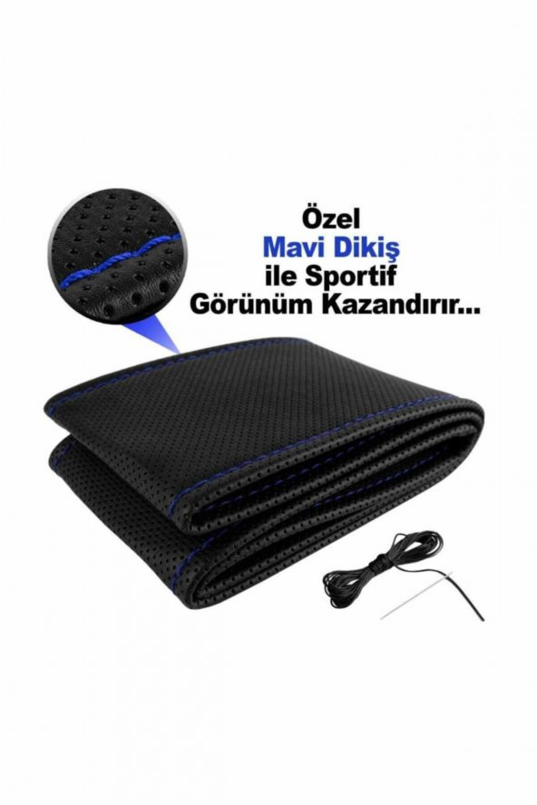 Deri Direksiyon Kılıfı Sarmalı Dikmeli MAVİ DİKİŞLİ KOKUSUZ ürün görseli 1