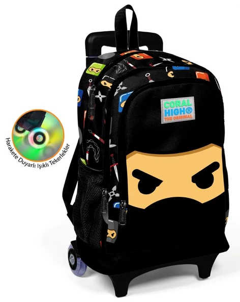 Coral Hig Ninja Baskılı Çekçek Okul Çantası - Işıklı Tekerlekler ürün görseli 1