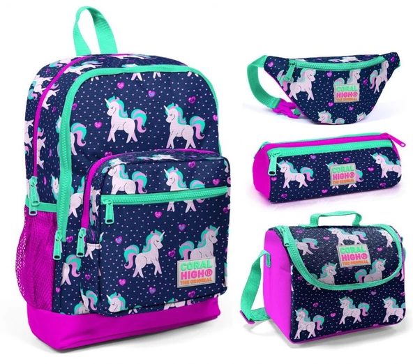 Coral High Mor Unicorn Kız Çocuk 4'lü İlkokul Çanta Seti ürün görseli 1