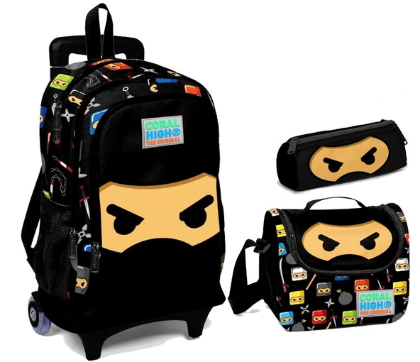 Coral High Siyah Ninja Desenli Çekçek Tekerlekli Okul Çanta Seti ürün görseli 1