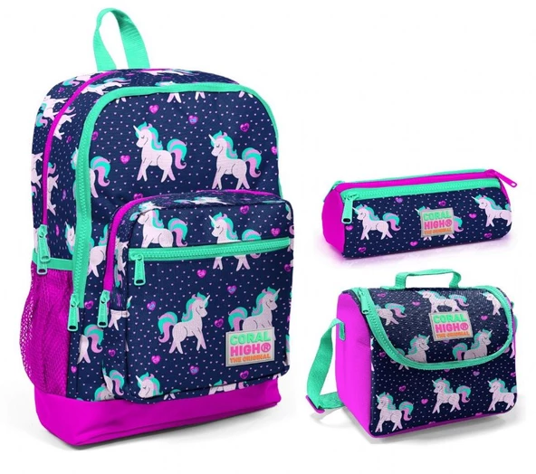 Coral High Mor Unicorn Kız Çocuk 3'lü İlkokul Çanta Seti ürün görseli 1