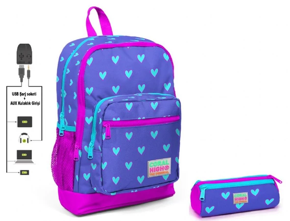 Coral High Kalp Baskılı İlkokul Sırt Çantası ve Kalemlik Seti - Kız Çocuk - USB Soketli ürün görseli 1