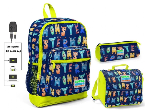 Coral High Sevimli Harfler Baskılı Erkek Çocuk İlkokul Çanta Seti - USB Çıkışlı ürün görseli 1