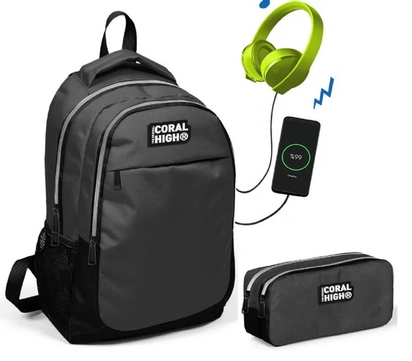 Coral High Siyah-Gri Erkek Çocuk İlkokul Çantası ve Kalemlik Seti - USB Soketli ürün görseli 1