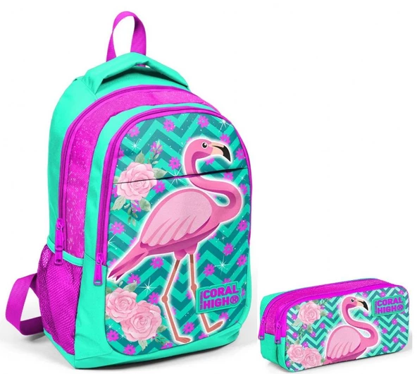 Coral High Pembe Flamingo Kız Çocuk İlkokul Çantası ve Kalemlik Seti ürün görseli 1