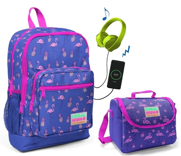 Coral High Mor Flamingo Okul Çantası ve Beslenme Çantası Seti - Kız Çocuk - USB Soketli ürün görseli 1