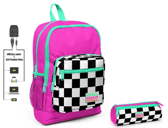 Coral High Pembe Damalı İlkokul Sırt Çantası ve Kalemlik Seti - Kız Çocuk - USB Soketli ürün görseli 1