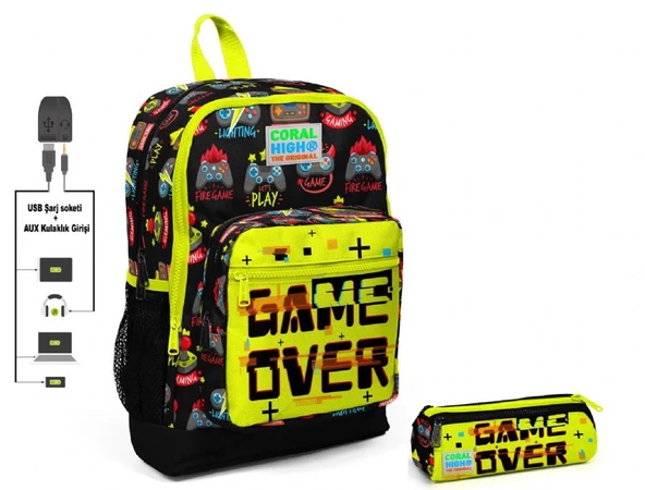 Coral High Game Over Baskılı İlkokul Sırt Çantası ve Kalemlik Seti - Erkek Çocuk - USB Soketli ürün görseli 1