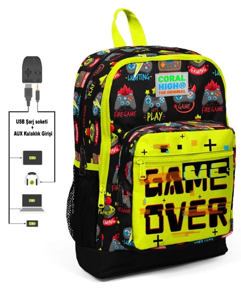 Coral High Game Over Baskılı İlkokul ve Günlük Sırt Çantası - Erkek Çocuk - USB ve AUX Soketli ürün görseli 1