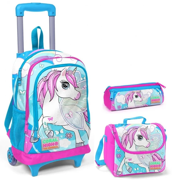 Coral High Mavi Unicorn Kız Çocuk Çekçek Çanta Seti - Işıklı Tekerlekler ürün görseli 1