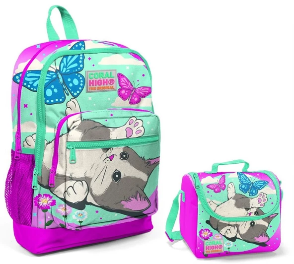 Coral High Pembe Sevimli Kedi ve Kelebek İlkokul Çantası ve Beslenme Seti ürün görseli 1