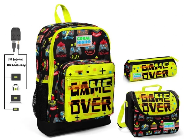 Coral High Game Over Baskılı Erkek Çocuk İlkokul Çanta Seti - USB Çıkışlı ürün görseli 1