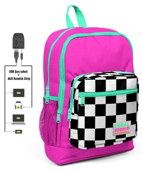 Coral High Pembe Damalı İlkokul ve Günlük Sırt Çantası - Kız Çocuk - USB ve AUX Soketli ürün görseli 1