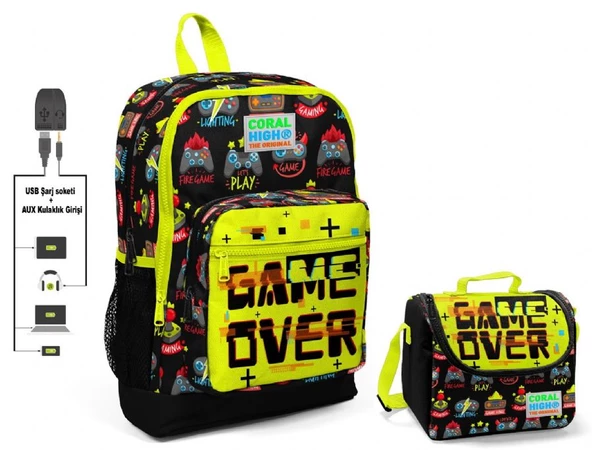Coral High Game Over Baskılı Okul Çantası ve Beslenme Çantası Seti - Erkek Çocuk - USB Soketli ürün görseli 1