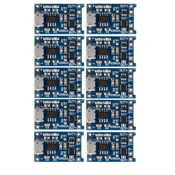 TP4056 10 Adet Korumalı 1A Lipo - Li Ion Pil Şarj Devresi 3,7V Micro USB Girişli ürün görseli 1