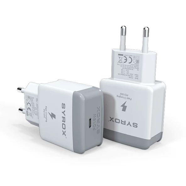 Syrox PD18B Type-C PD Çıkışlı Şarj Adaptörü (Başlık) 18W QC 3.0A Beyaz ürün görseli 1