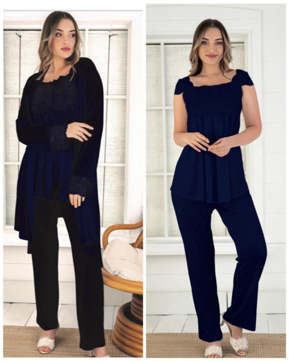 Duchesse 32001 Lacivert Hamile Lohusa 3 Lü Pijama Sabahlık Tk ürün görseli 1