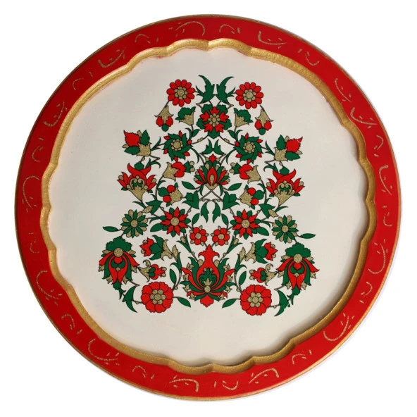 Tepsi Ahsap Yuvarlak Çiçek Desenli 40x40 ürün görseli 1