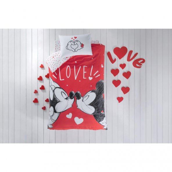 Taç Lisanslı Disney Minnie&Mickey Lovely 100 Pamuk Tek Kişilik Nevresim Takımı Çok Renkli ürün görseli 1
