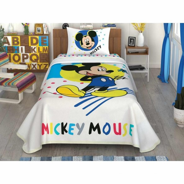 Taç Lisanslı Disney Mickey Colour  100 Pamuk Tek Kişilik Pike Takımı 100x200 cm Çarşaflı ürün görseli 1