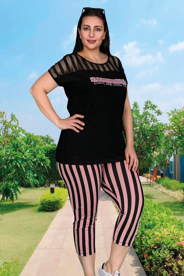 Büyük Beden Kısa Kol Pembe Çizgili Kapri Pijama Takımı Lady 10513 ürün görseli 1