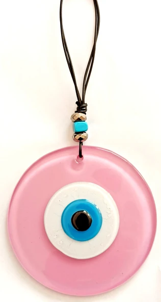 Pembe Renk Cam Nazar Boncuklu El Yapımı Özel Tasarım Duvar Süsü Hediyelik Eşya ürün görseli 1