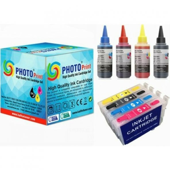 Photo Print Epson Stylus DX5050 T0711-T0714 Muadil Kolay Dolan Kartuş + 4 X100 ml Renk Mürekkep Seti 500 Sayfa ürün görseli 1