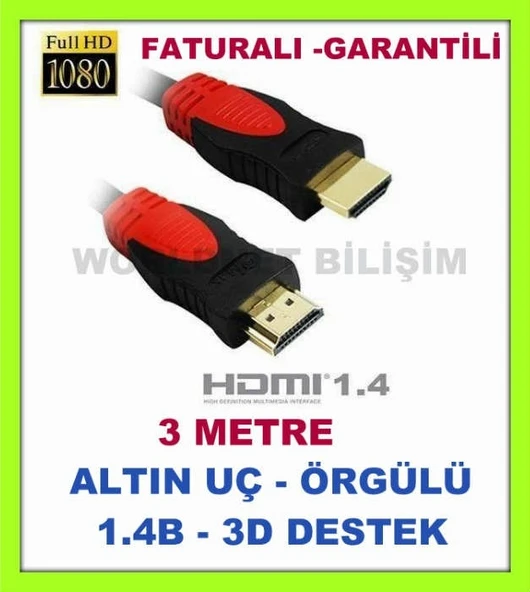 Hdmi To Hdmi Kablo 3 Metre Altin Uçlu Örgülü Hdmi Kablo ürün görseli 1