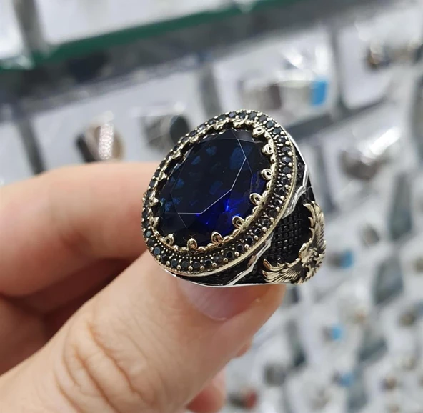 Lacivert Taşlı Çift Başlı Kartal Motifli Gümüş Erkek Yüzük ürün görseli 1