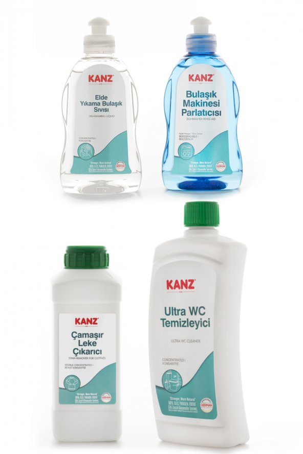 Kanz Ultra Wc Temizleyici 750 Ml&Çamaşır Leke Çıkarıcı 500 ml &Bulaşık Makinesi Parlatıcısı 300 ml &Bulaşık Yıkama Sıvısı 300 ml 4lü Temizlik Seti ürün görseli 1