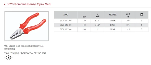 İZELTAŞ 160 MM OPAK KOMBİNE PENSE 3020 12 2160 ürün görseli 1