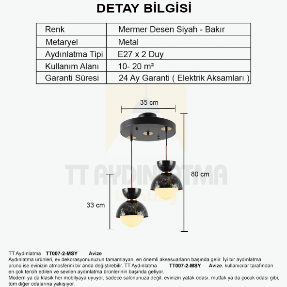 TT Aydınlatma TT007-2 MSY  Mermer Desen 2 li Siyah Lüks Avize - Resim 3