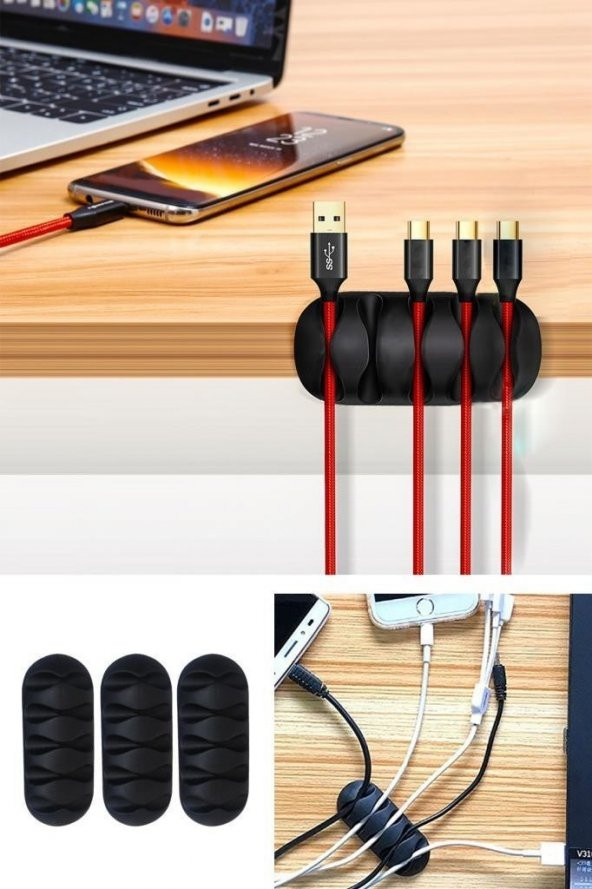 3lü Set 5 Kanallı Kablo Tutucu Düzenleyici Sabitleyici Kablo Düzenleyici SİYAH ürün görseli 1