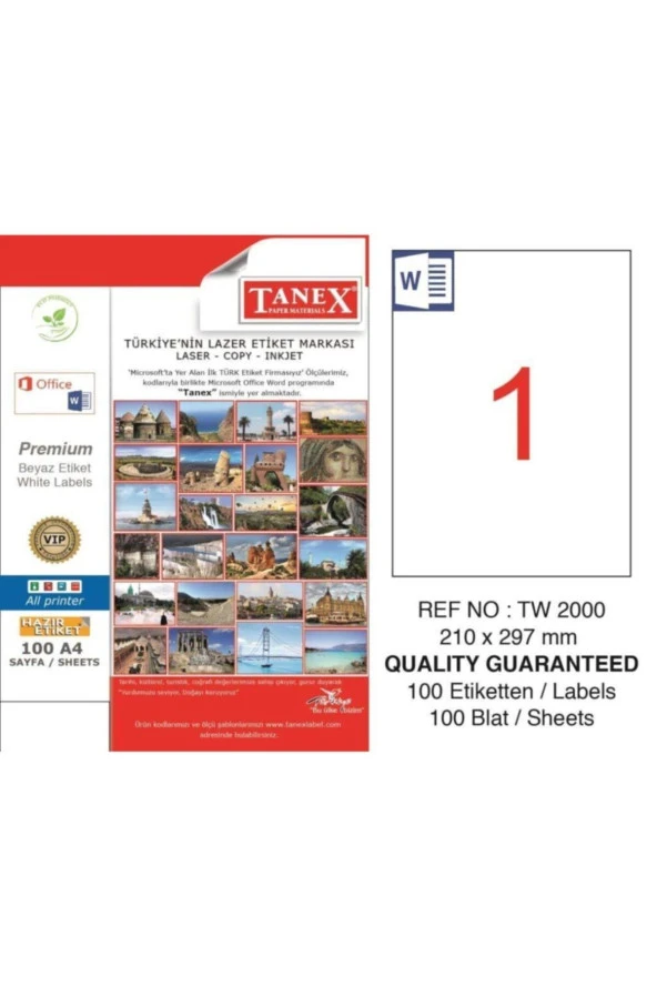 Tanex Lazer Etiket 210 x 297 mm 100 Yaprak A4 Lazer Yazıcı Etiketi ürün görseli 1