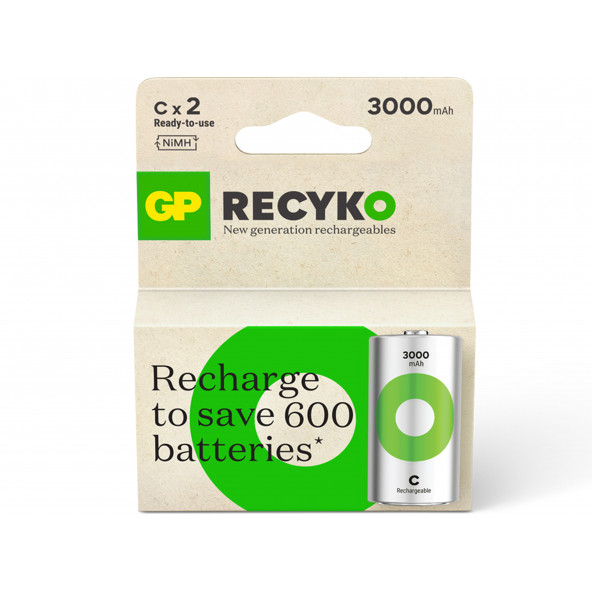 GP Batteries ReCyko 3000 mAh C Boy Orta Ni-MH Şarjlı Pil, 1.2 Volt, 2li Kart ürün görseli 1