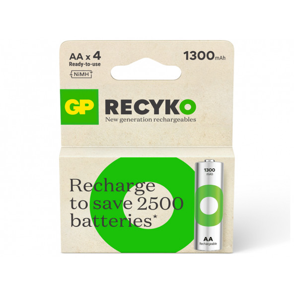 GP Batteries ReCyko 1300 AA Kalem Ni-Mh Şarjlı Pil 1.2 Volt 4lü Kart ürün görseli 1