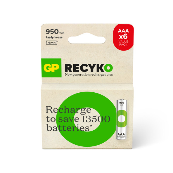 GP Batteries ReCyko 1000 AAA İnce Kalem Ni-MH Şarjlı Pil, 1.2 Volt, 6lı Kart ürün görseli 1