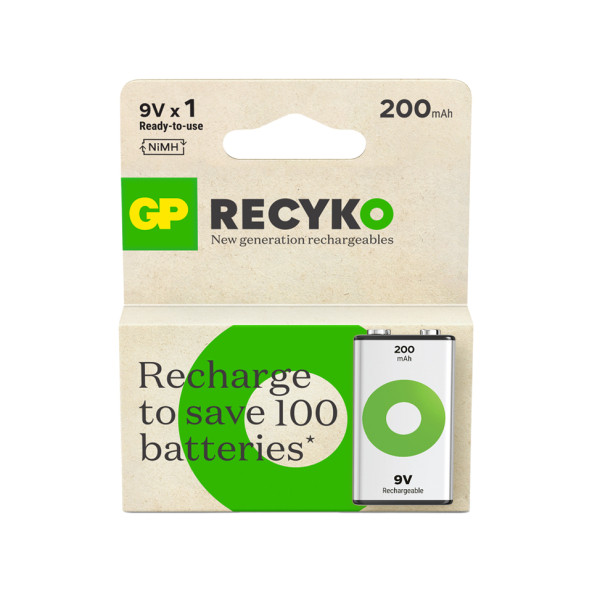 GP Batteries ReCyko 200 9V Boy Ni-MH Şarjlı Pil 8.4 Volt Tekli Kart ürün görseli 1