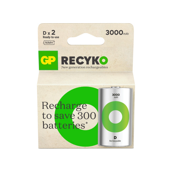 GP Batteries ReCyko 3000 D Boy Ni-Mh Şarjlı Pil, 1.2 Volt, 2'li Kart ürün görseli 1
