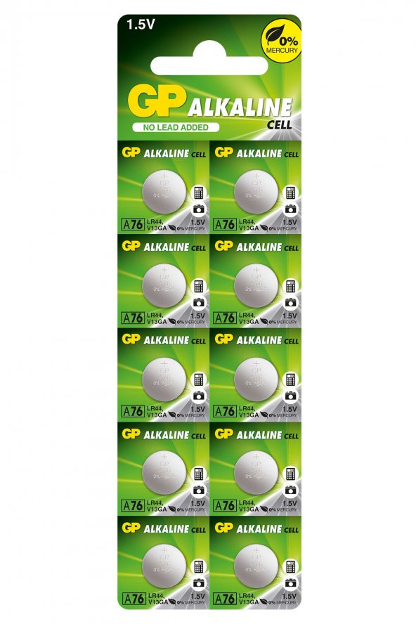 GP Batteries GPA76 LR44/A76/V13GA/AG13 Boy Alkalin Düğme Pil 1.5 Volt 10Lu Kart ürün görseli 1