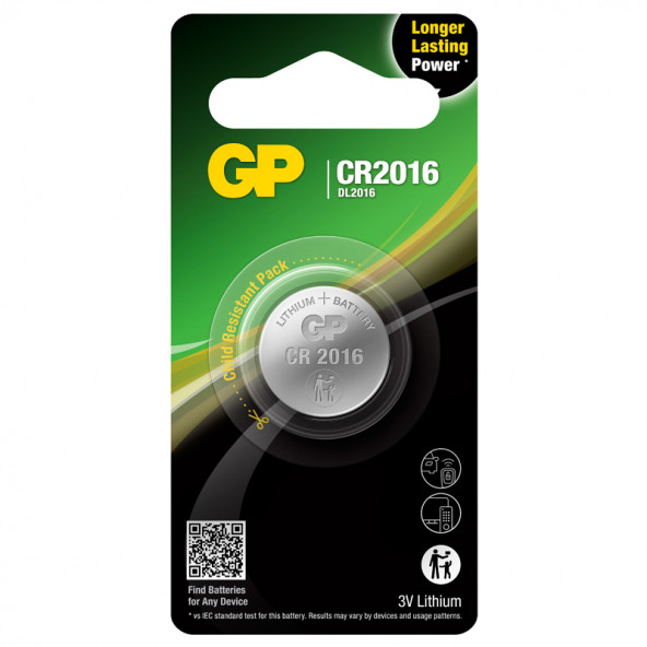 GP Batteries CR2016 2016 Boy Lityum Düğme Pil 3 Volt Tekli Kart ürün görseli 1
