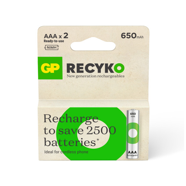 Gp Batteries Recyko 650 Aaa İnce Kalem Ni-Mh Şarjlı Pil 1.2 Volt 2Li Kart ürün görseli 1
